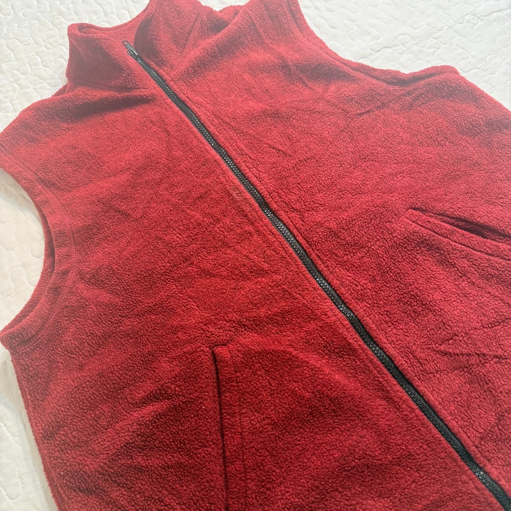 Women L Fleece Vest Red Full Zip Pockets USA-MADE CABIN GORPCORE OUTDOORS HIKING